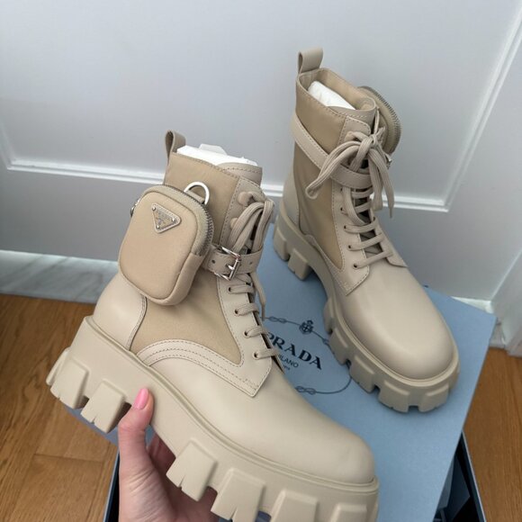 Prada Monolith Platform Combat Boots Re-nylon Leather In Deserto Pouch Pockets - Picture 7 of 12